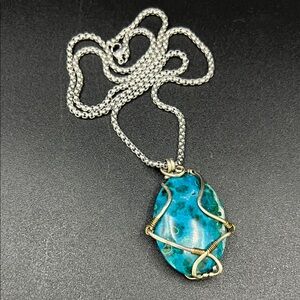 24” Handcrafted Blue Chrysocolla Wire-Wrapped Pendant Necklace